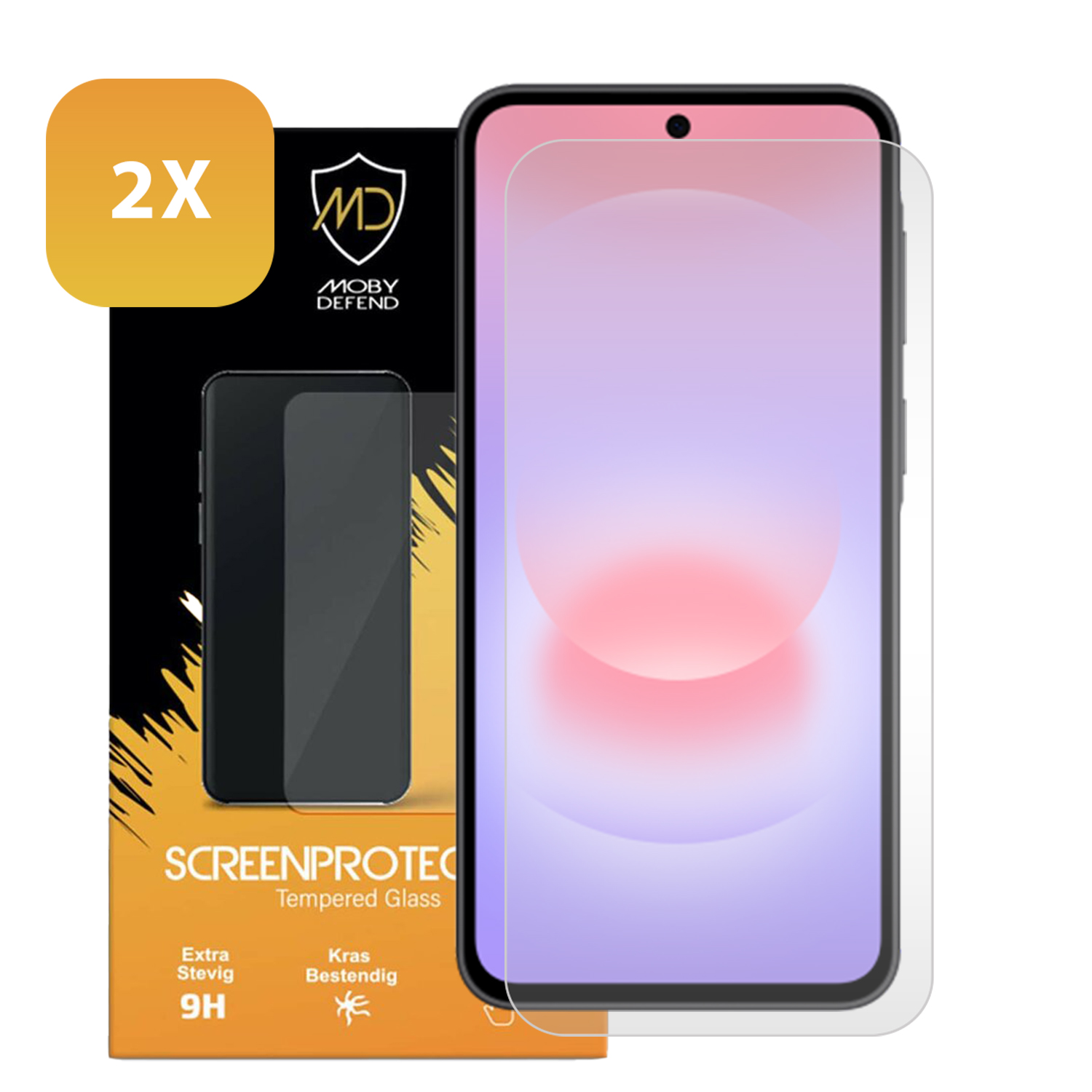 Twee Moby Defend screenprotectors op verpakking met '2X' label.