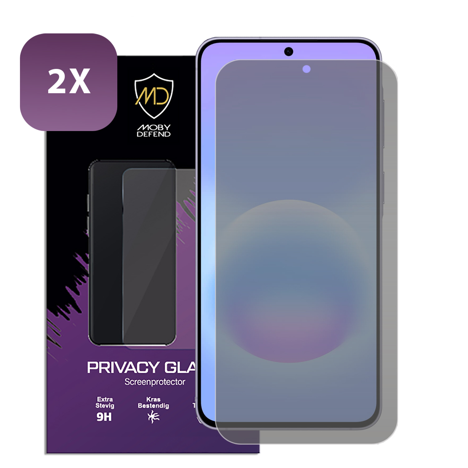 Emballage pour un protecteur d'écran de confidentialité pour smartphone avec un autocollant '2X'.
