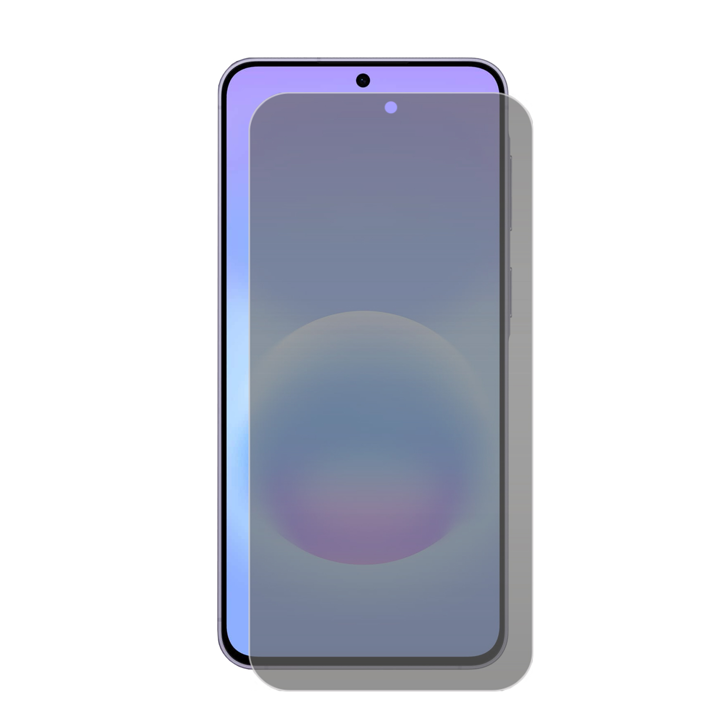 Un smartphone avec un protecteur d'écran aux tons violets et bleus.