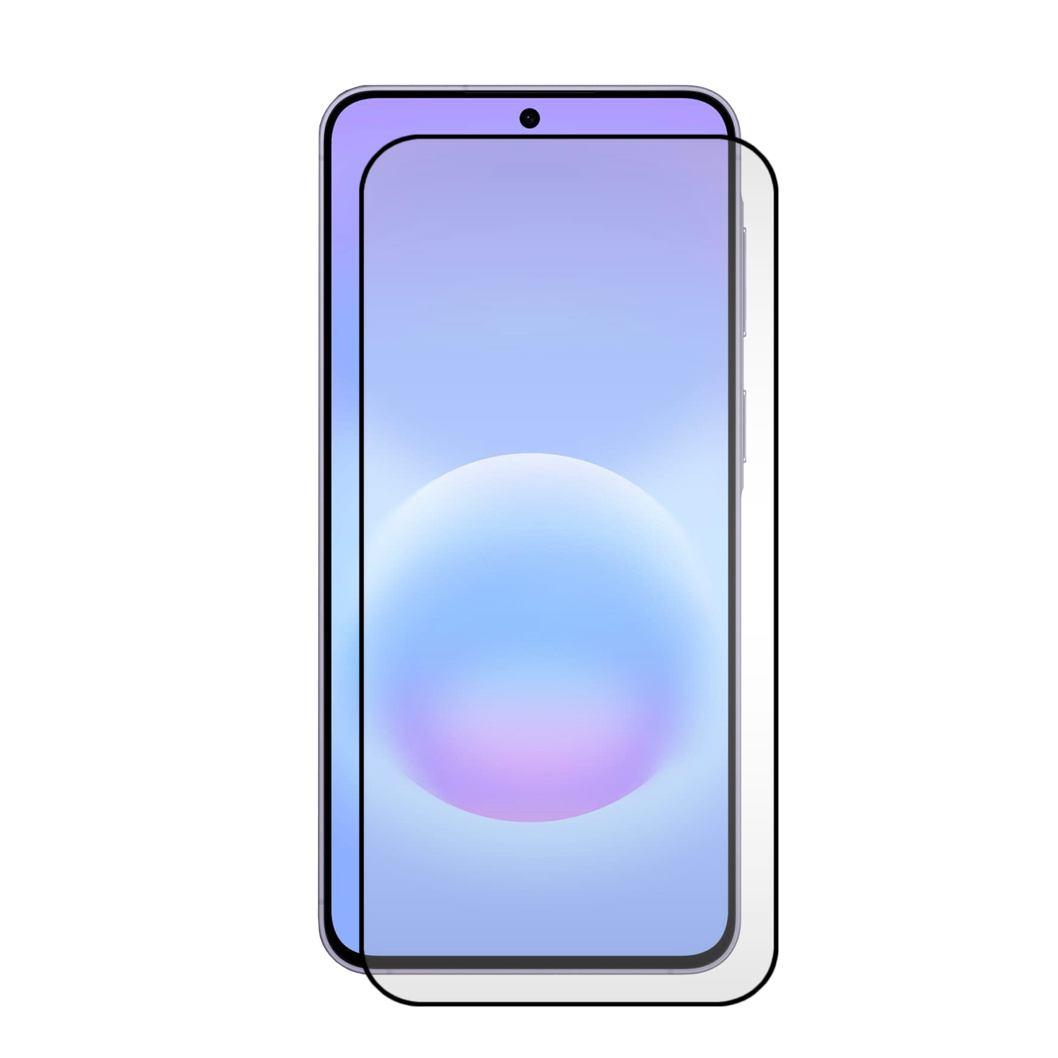 Een heldere screenprotector op een smartphone met een paars en blauw verloop op de achtergrond.