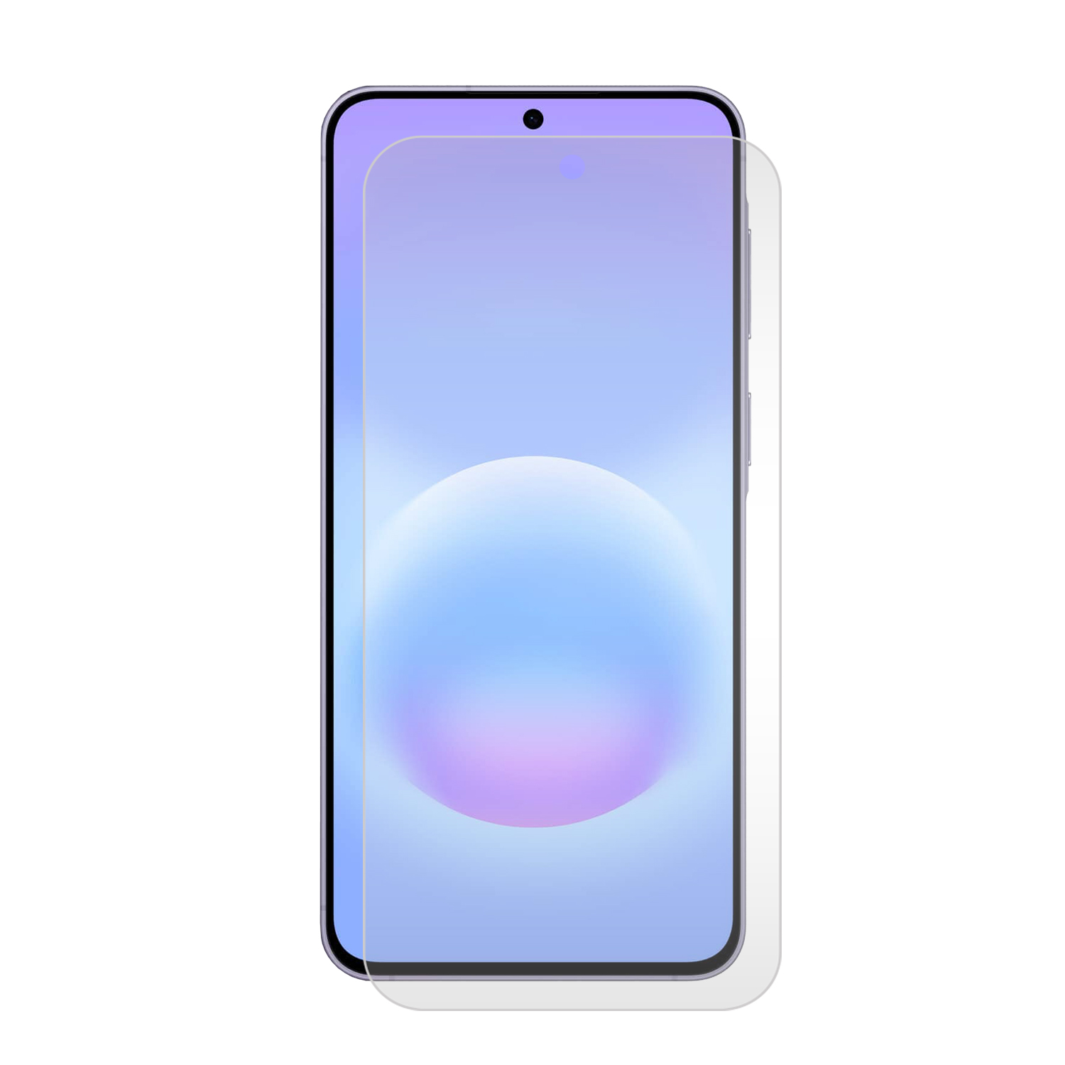 Un protecteur d'écran transparent est placé sur un smartphone avec un fond d'écran dégradé violet et bleu.