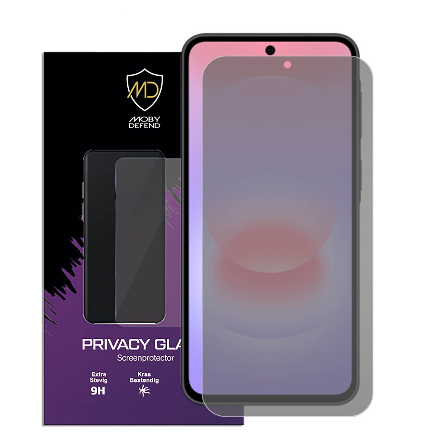 Emballage avec fenêtre montrant un protecteur d'écran de confidentialité pour smartphone.