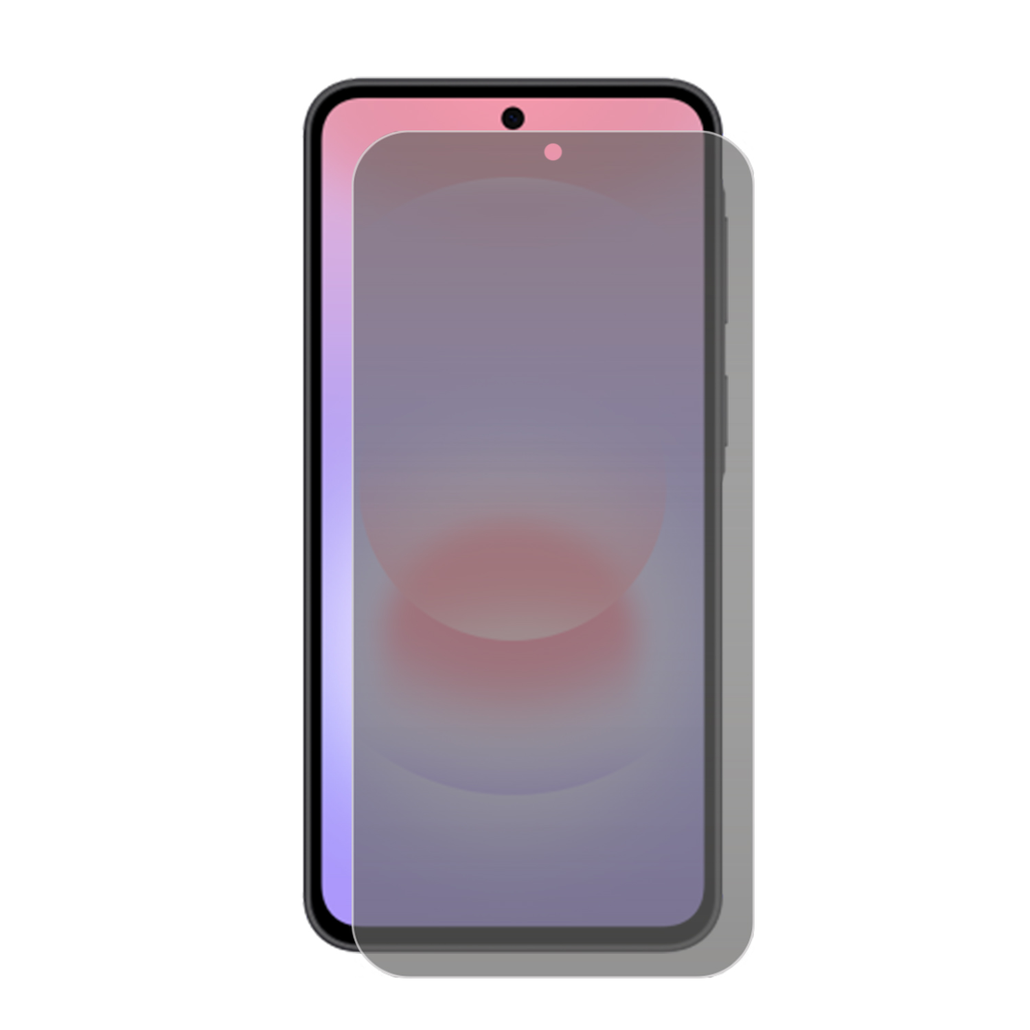 Un smartphone avec un protecteur d'écran, fond blanc.