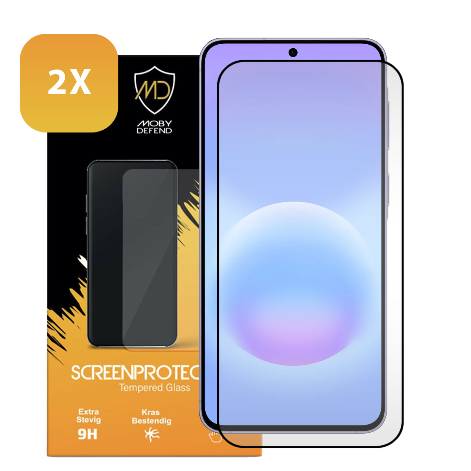 Twee glazen screenprotectors verpakt met een smartphone-display.