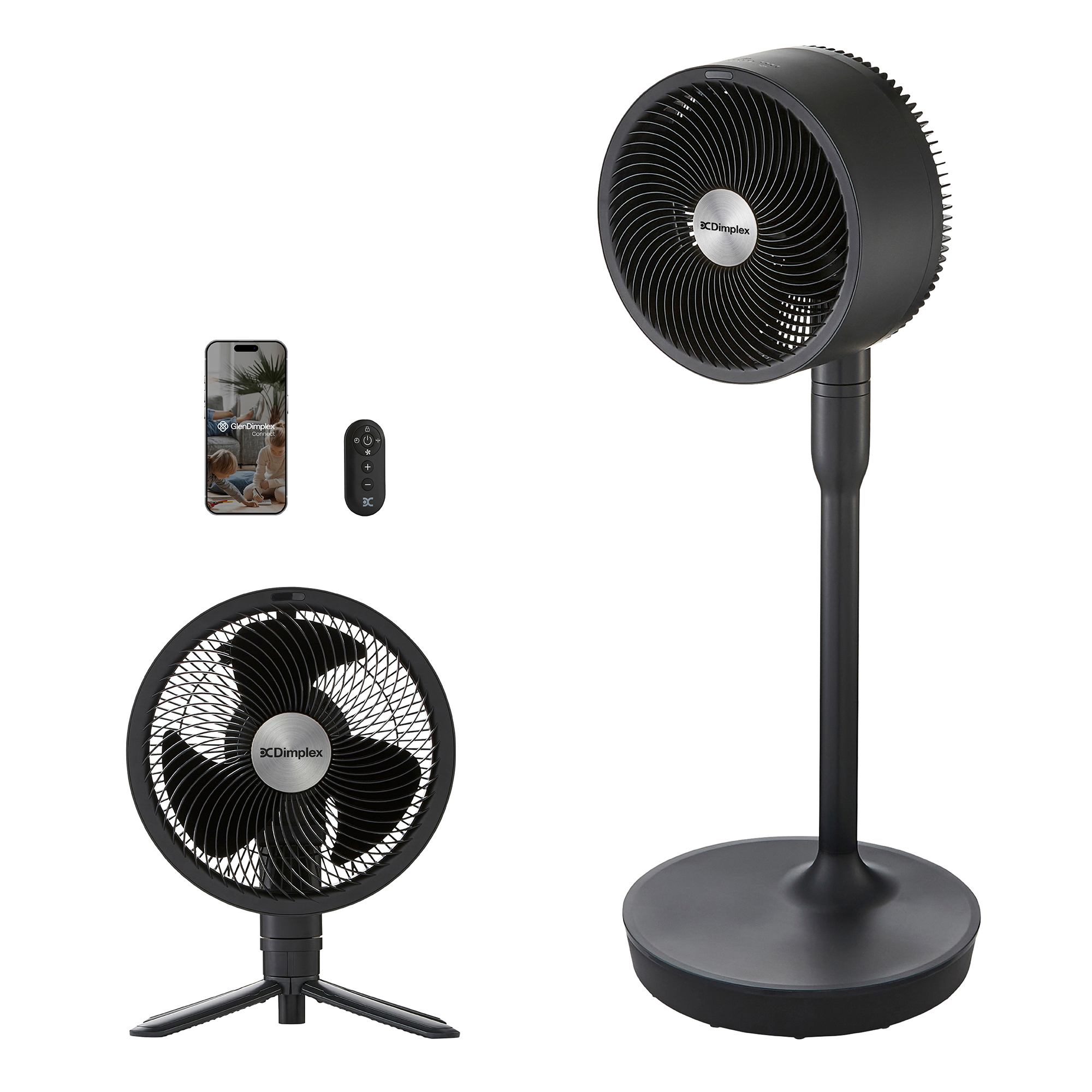 Een zwarte staande ventilator en een kleinere tafelventilator met afstandsbediening en telefoon.