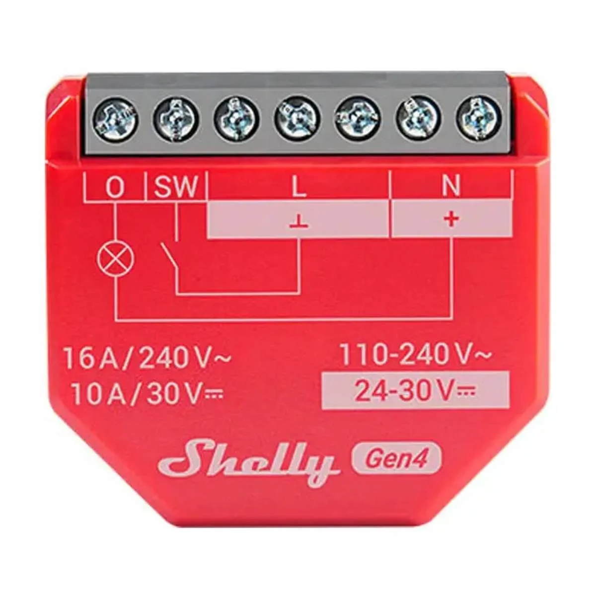Czerwony przełącznik Shelly Gen4 z zaciskami i schematem.