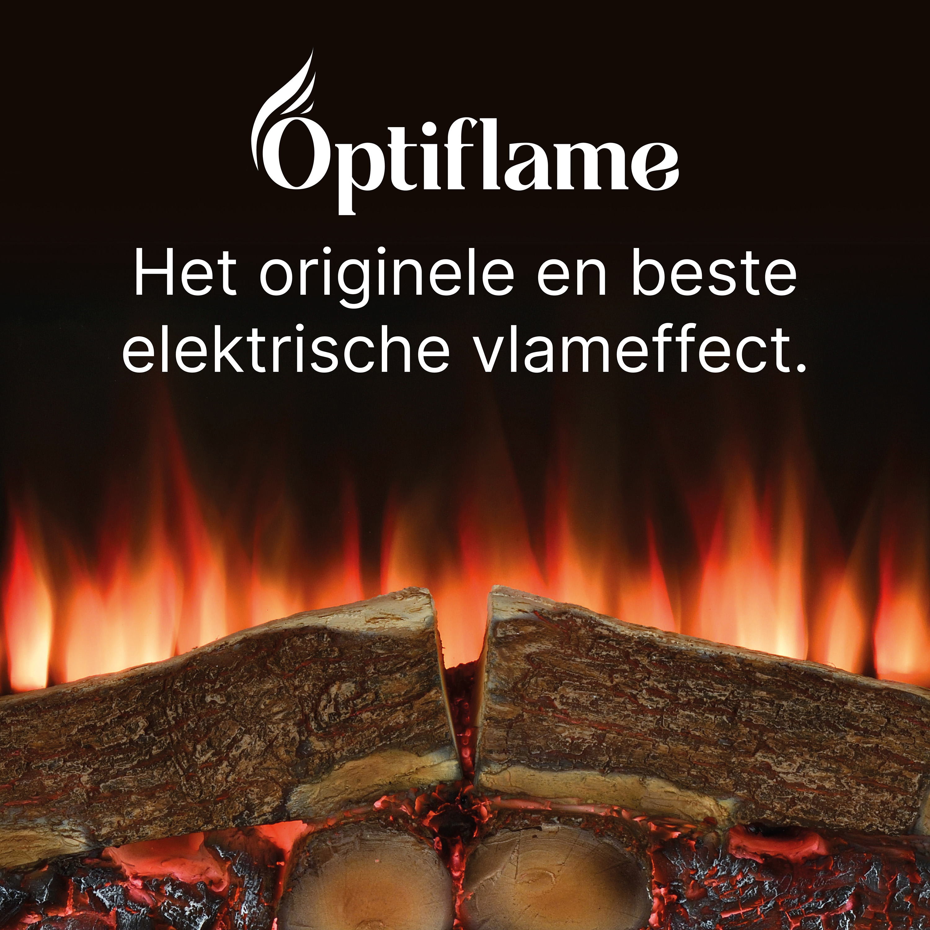 Optiflame logo boven elektrische haard met houtblokken en vlammen.