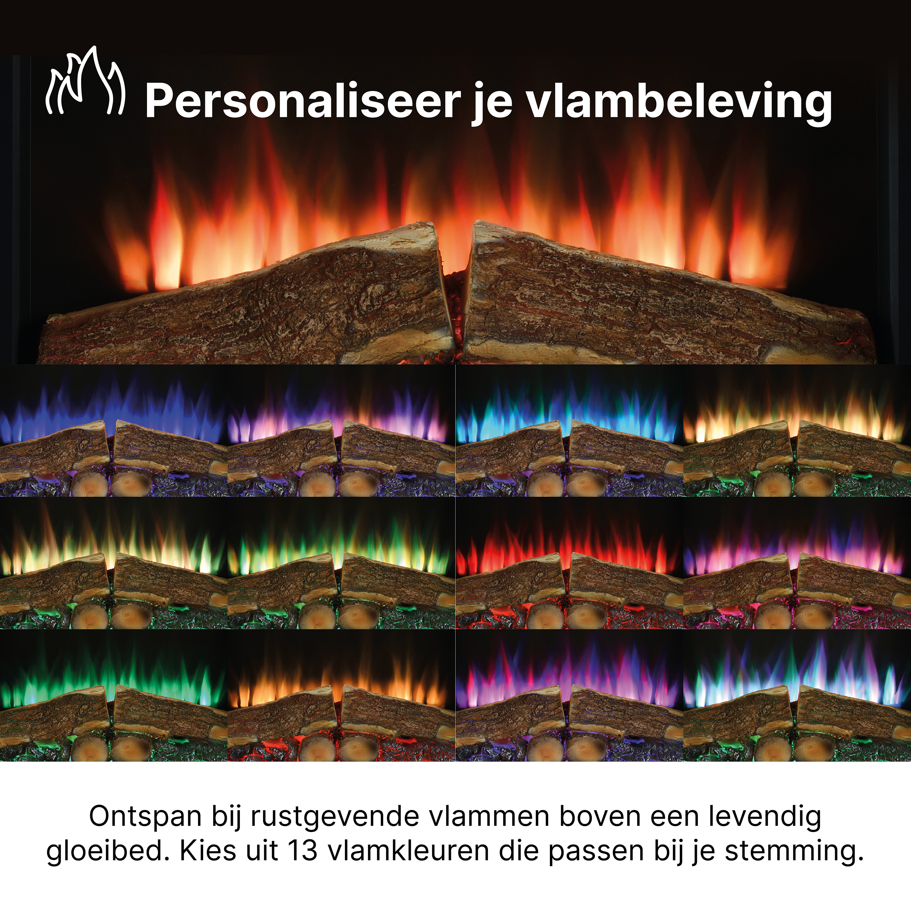 Haard met gekleurde vlammen en houtblokken. Personaliseer uw vlambeleving.