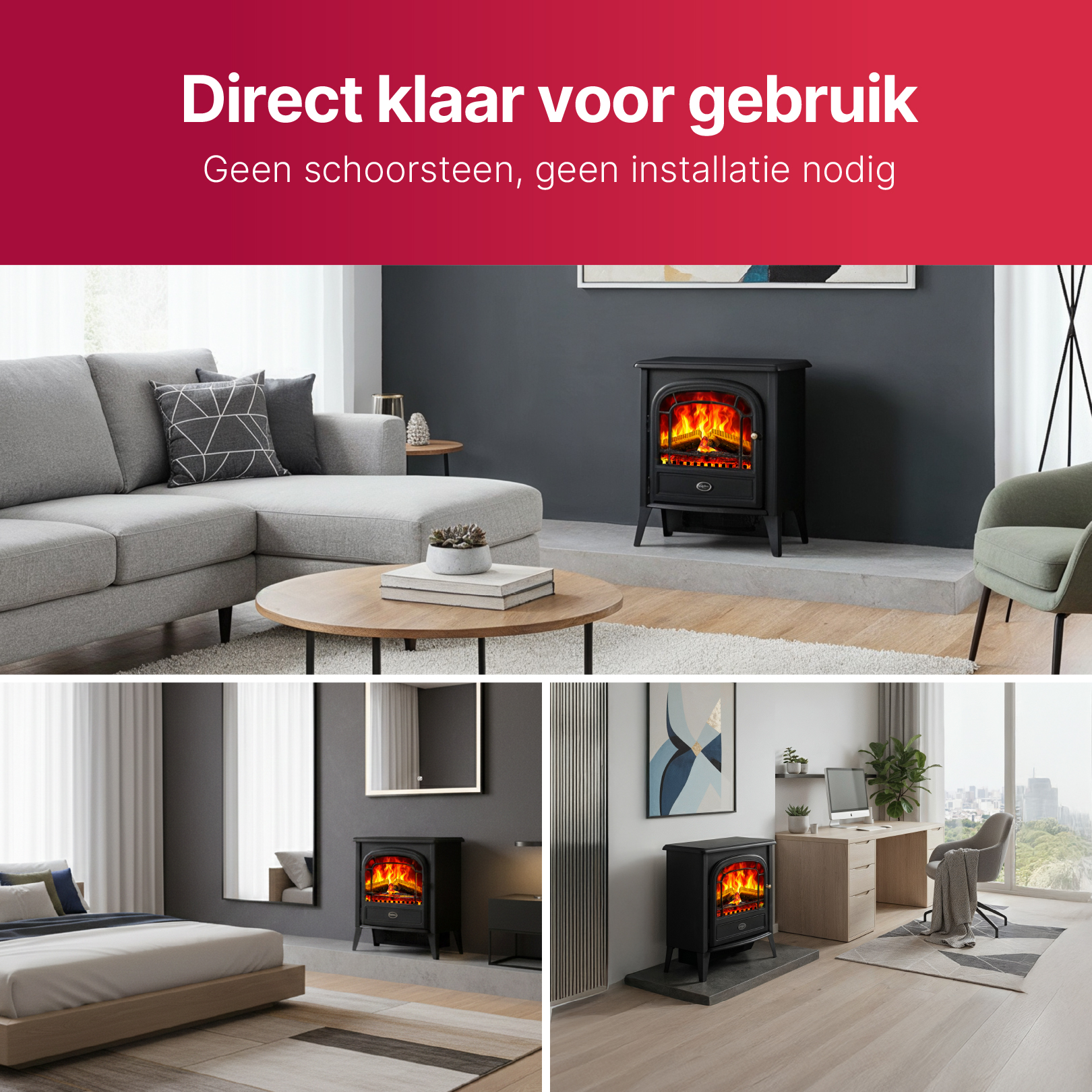 Een woonkamer met bank, salontafel en open haard. Beneden zijn een slaapkamer en kantoor met haard.