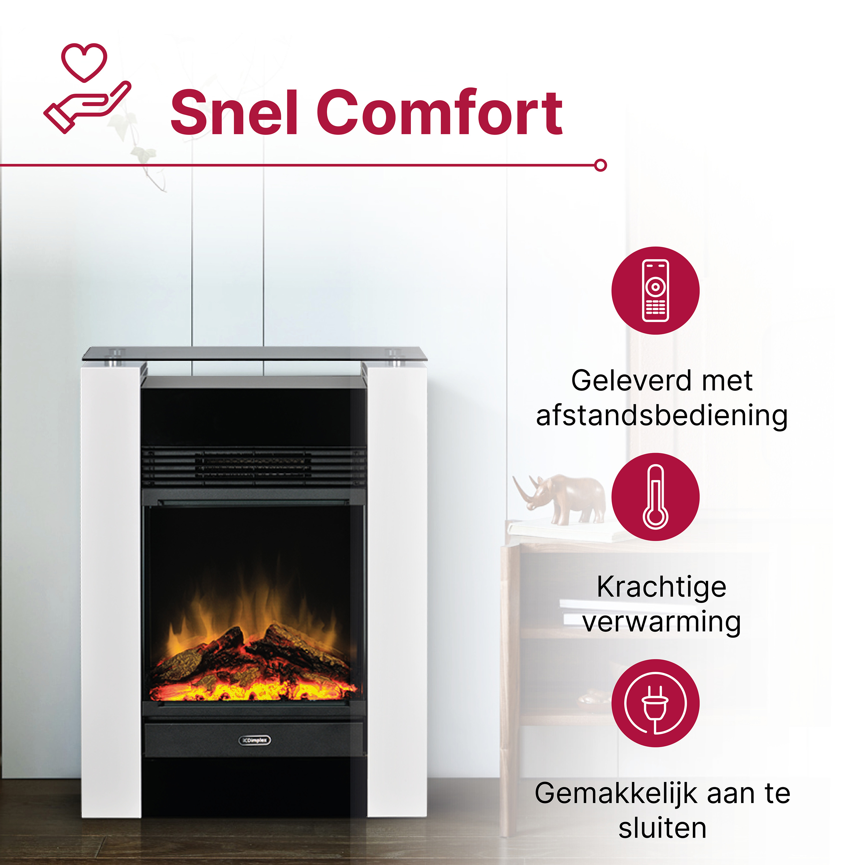 Moderne witte open haard met vlammen en afstandsbediening.
