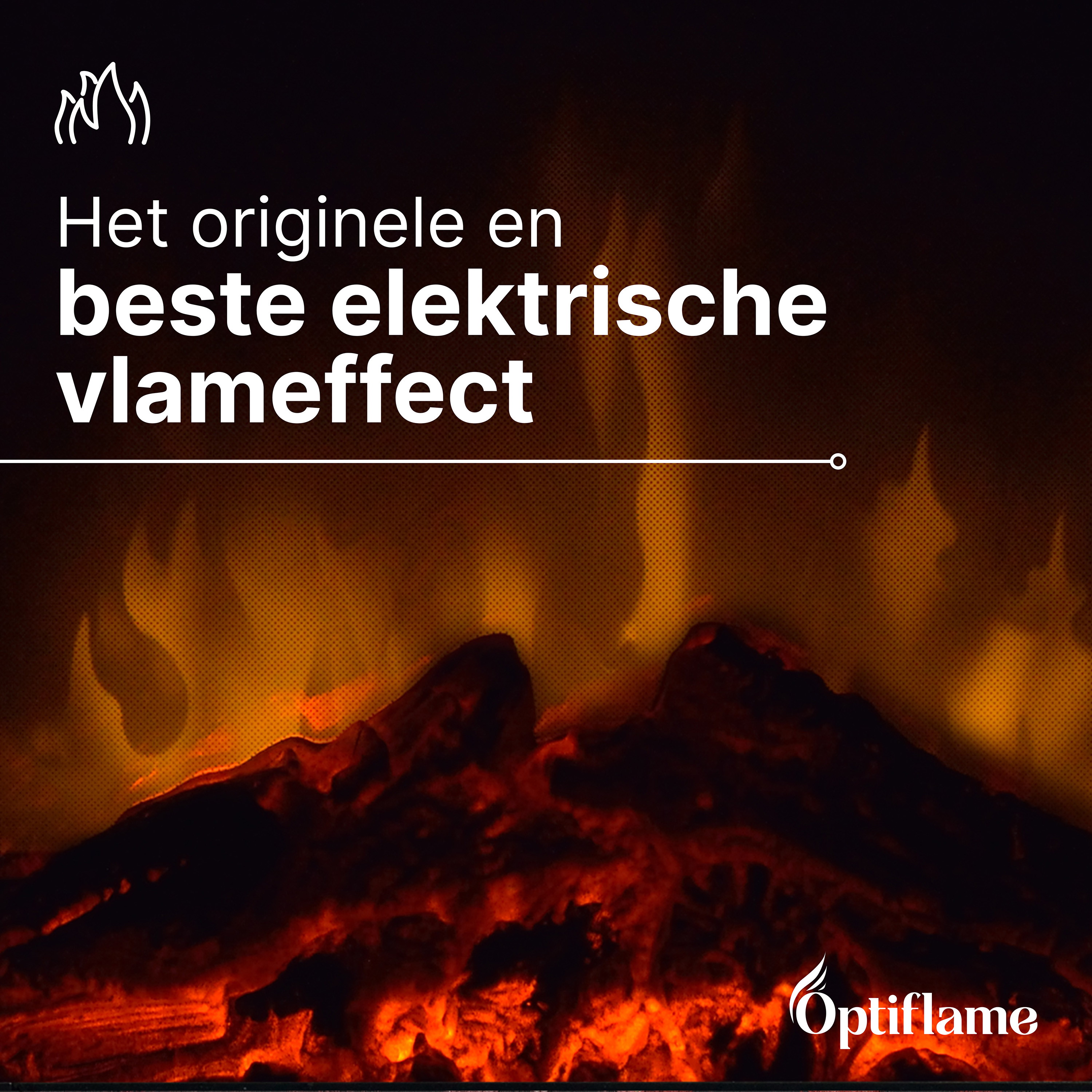 Een elektrische haard met flakkerende vlammen en het Optiflame logo.