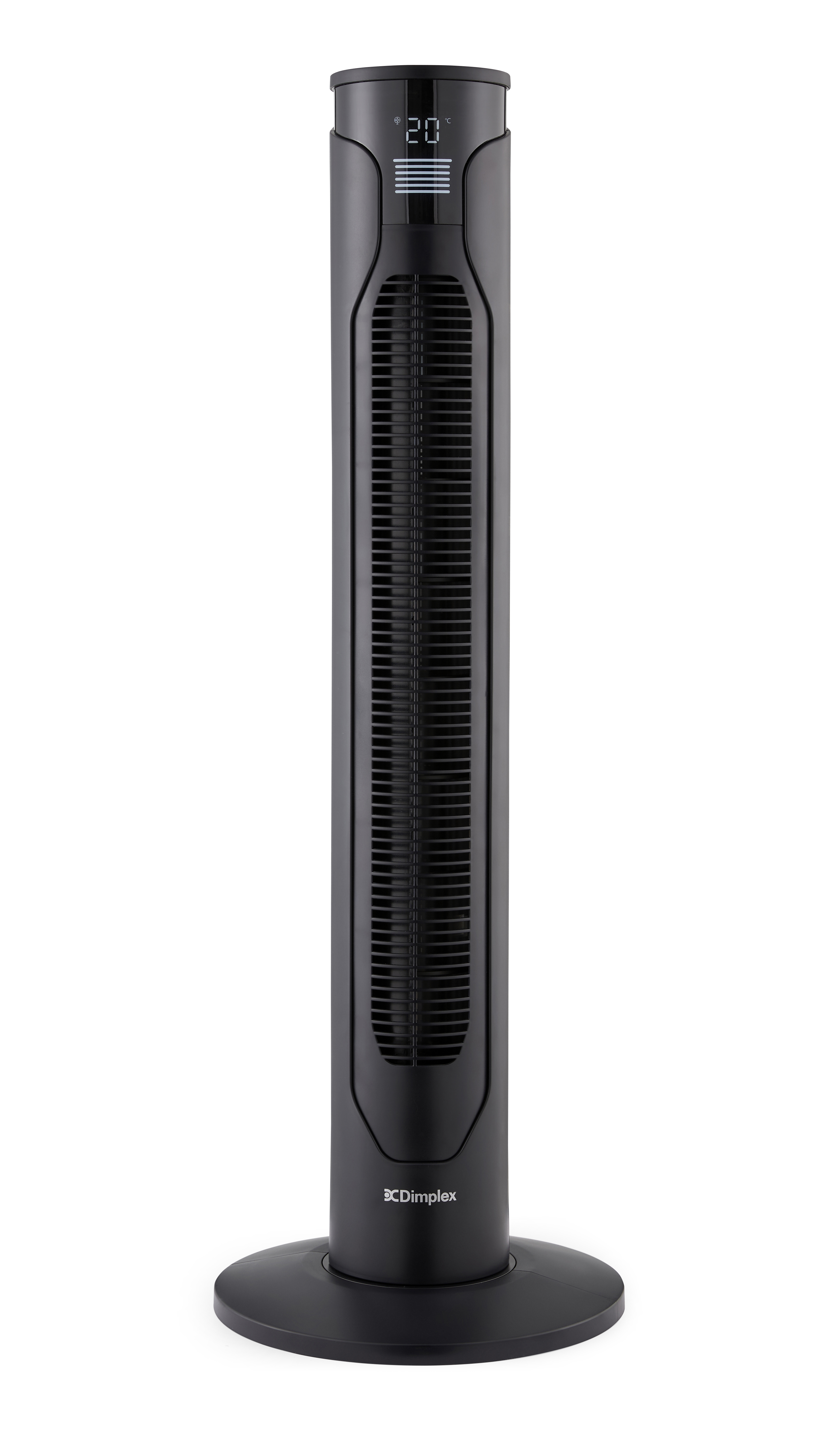 Een slanke, zwarte torenventilator met digitaal display op witte achtergrond.