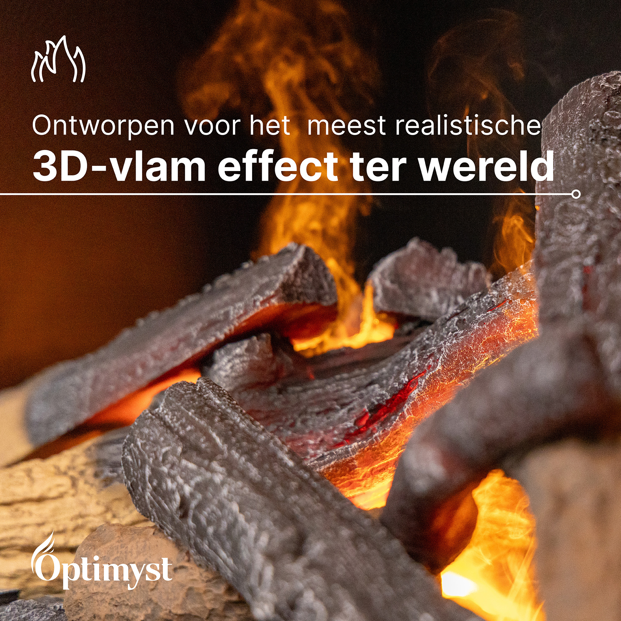 Gedetailleerde close-up van brandende houtblokken met vlammen en rook.