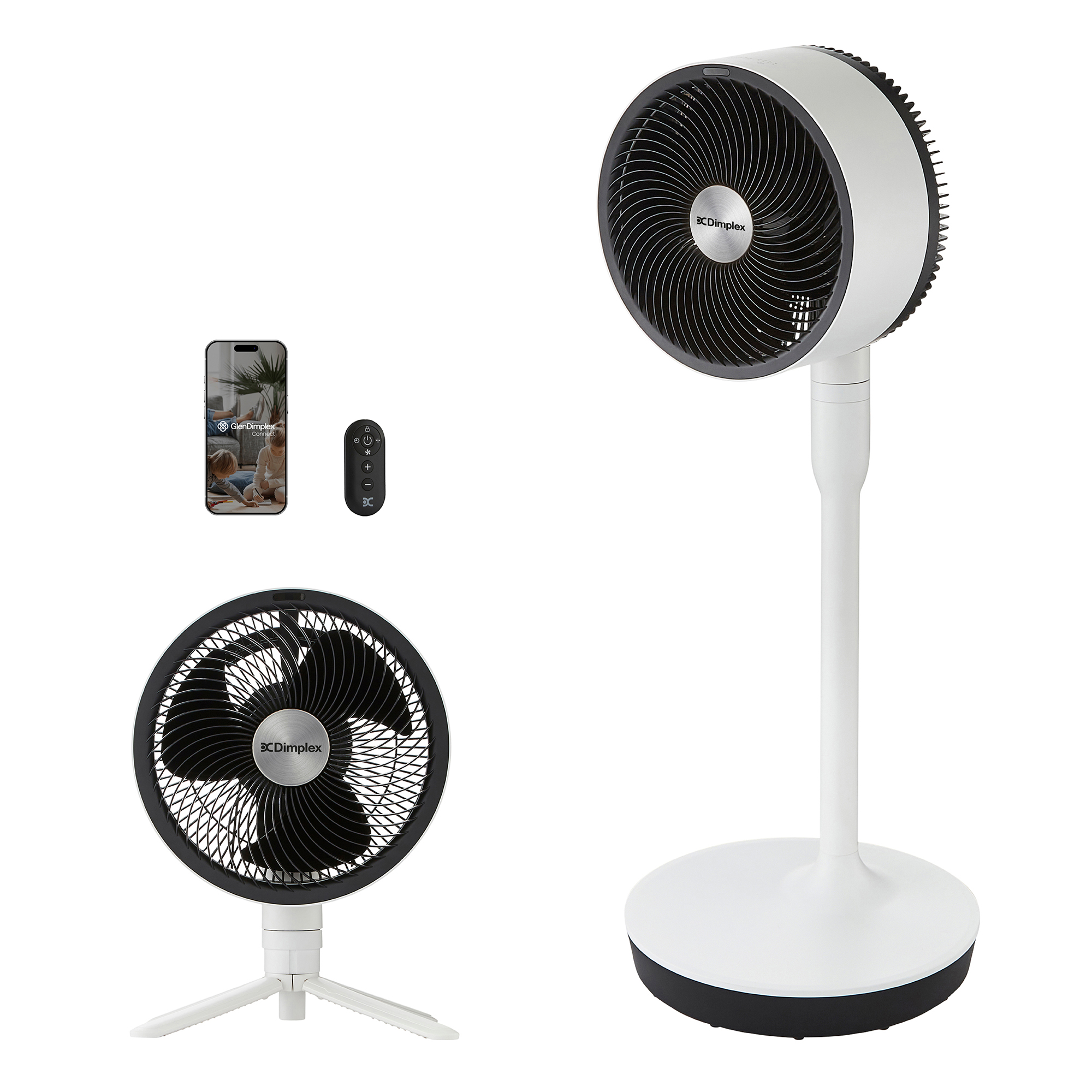 Een witte staande ventilator, een kleine ventilator, een smartphone en een afstandsbediening.