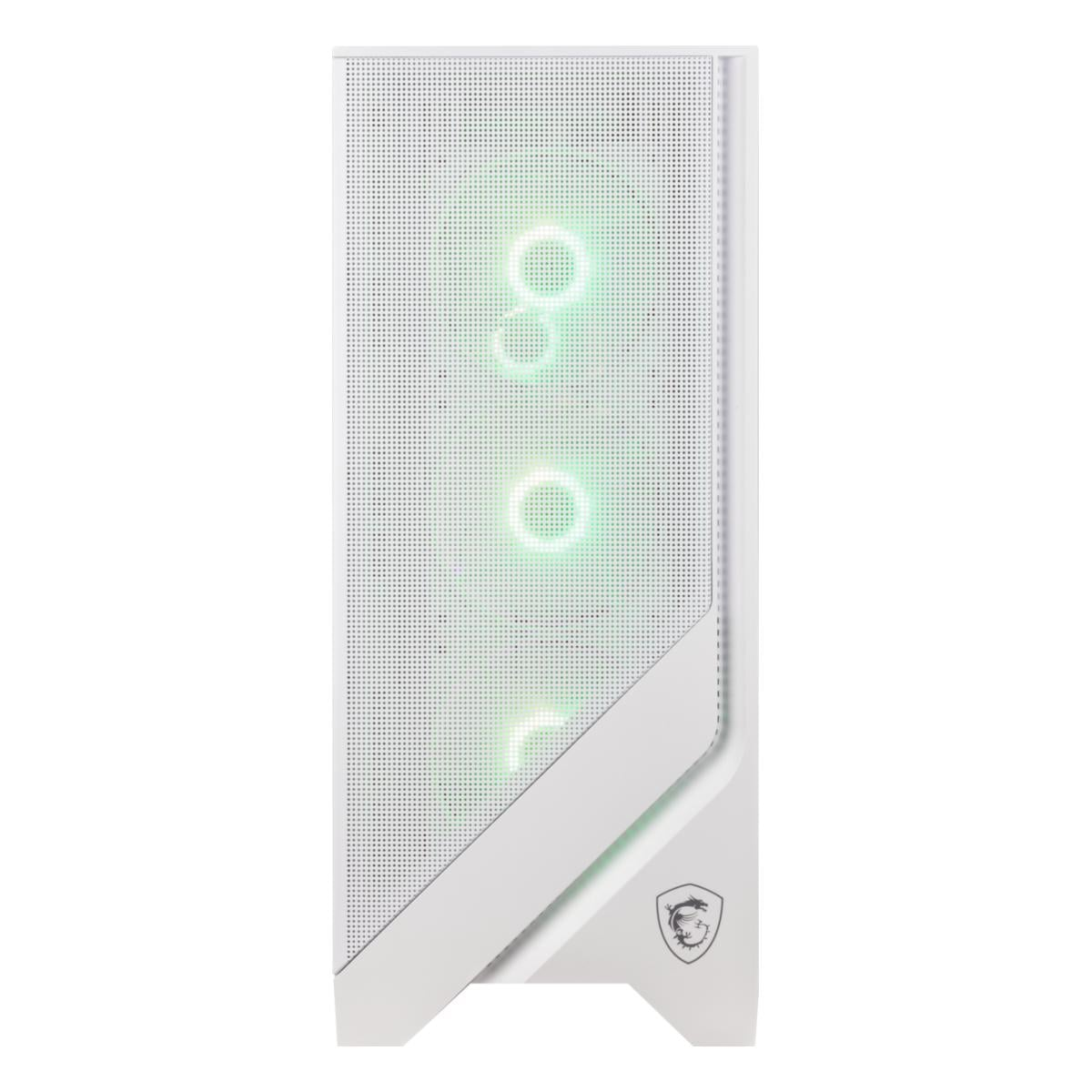 Ein weier Computergehäuse mit grüner RGB-Beleuchtung und MSI-Logo.