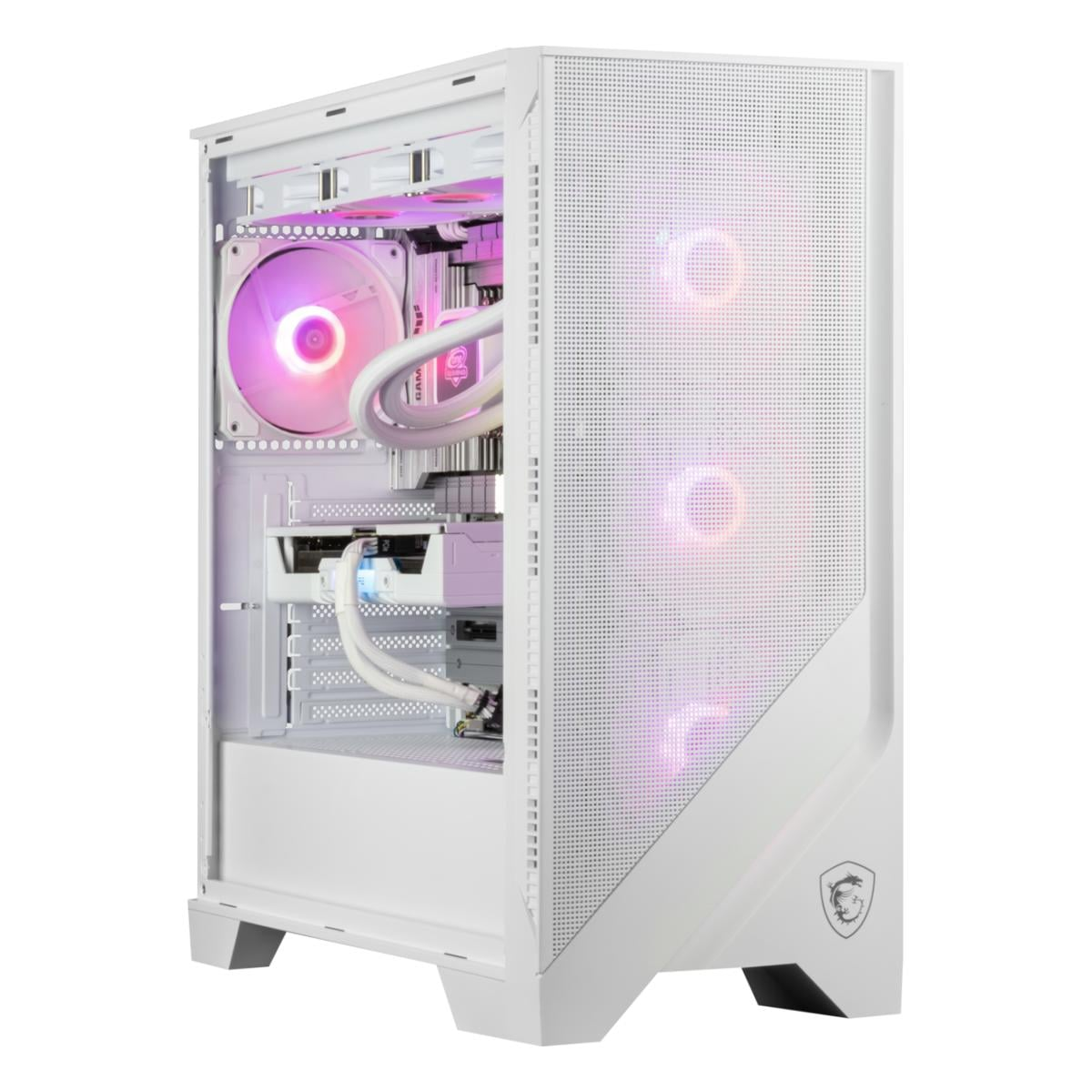 Ein weißer Gaming-PC mit RGB-Beleuchtung und sichtbaren Komponenten.