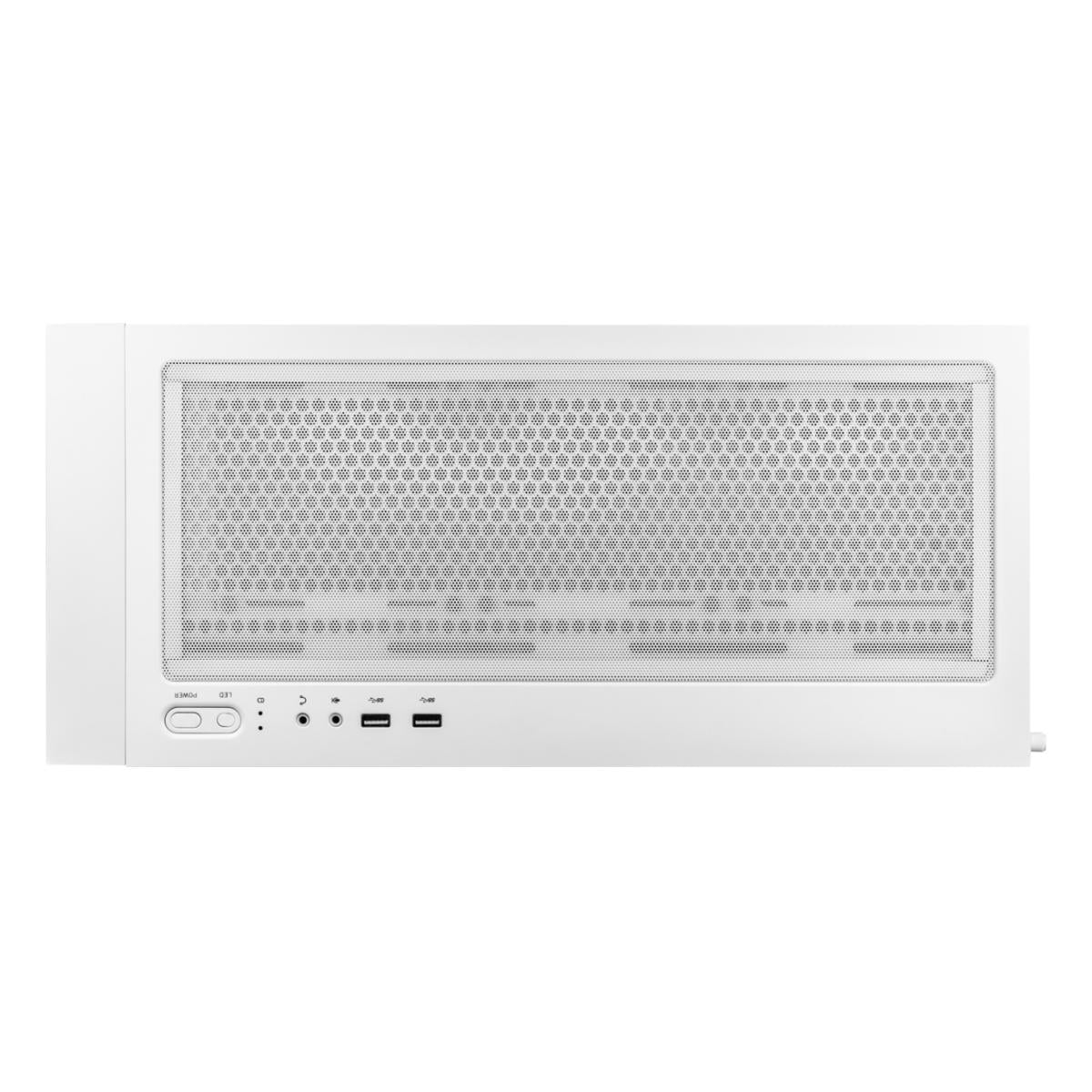 Weiße PC-Gehäusefront mit Lüftungsgitter und Anschlüssen.