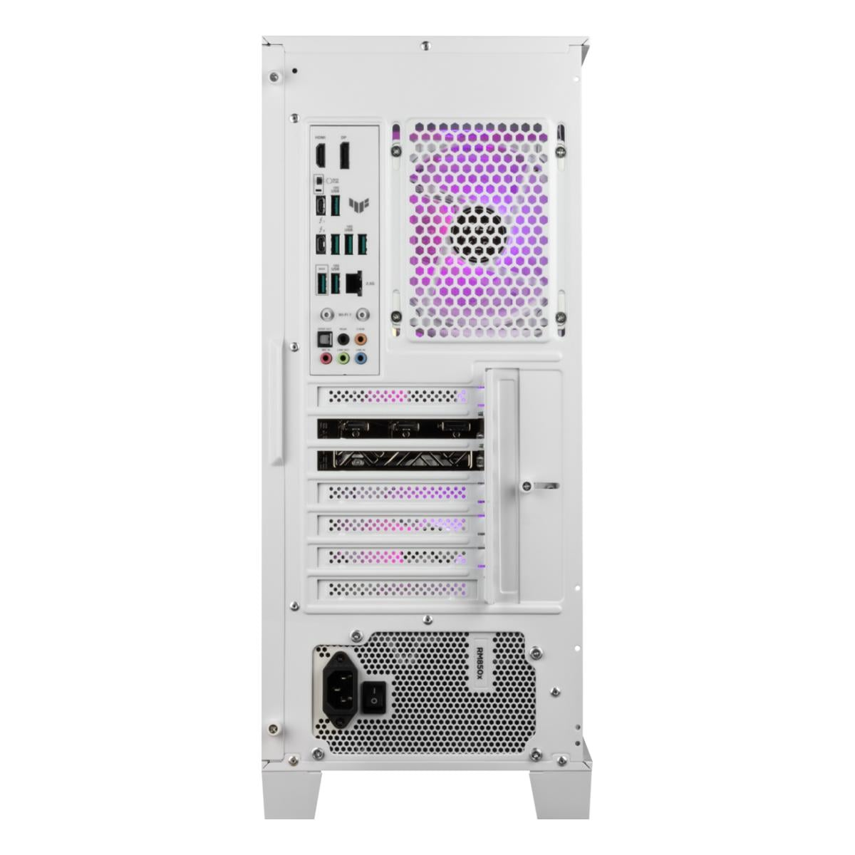 Rückseite eines weißen Computergehäuses mit Anschlüssen, Lüftern und Netzteil.