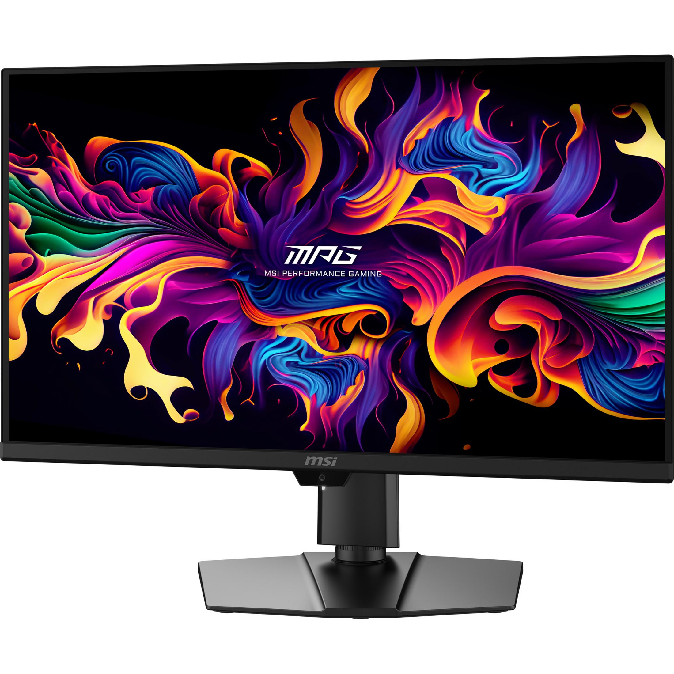 Un monitor da gaming MSI nero con uno sfondo astratto e colorato.
