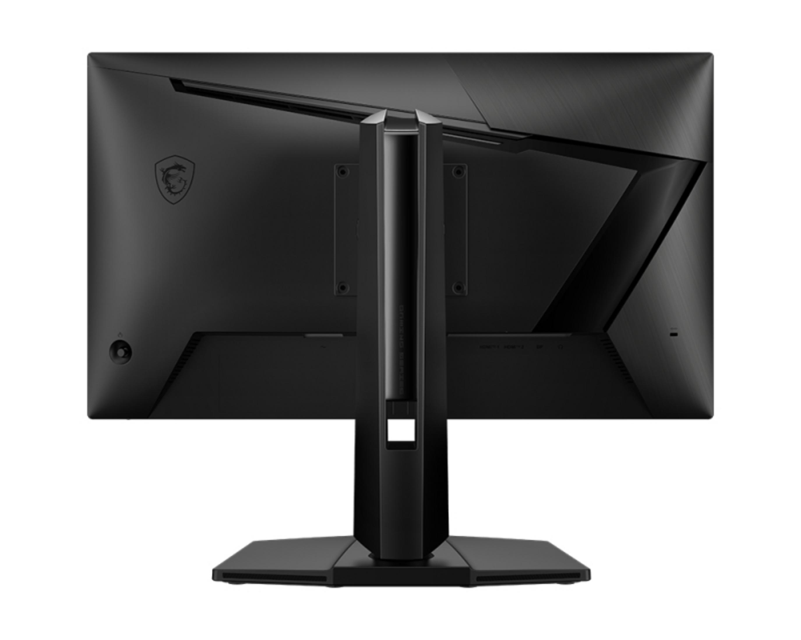 Rückseite eines schwarzen Monitors mit MSI-Logo und Anschlüssen.