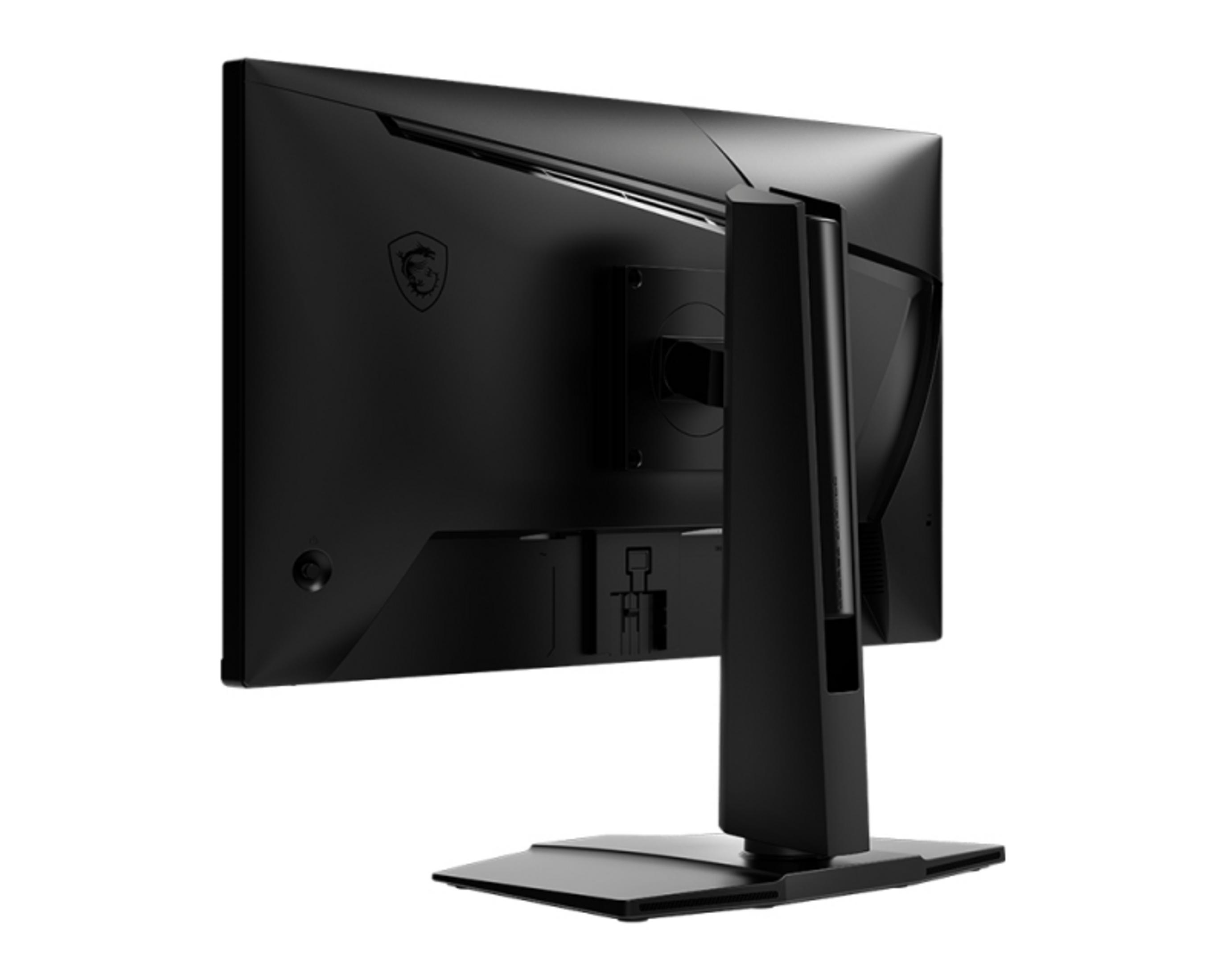 Rückansicht eines schwarzen Monitors mit MSI-Logo und schwarzem Standfuß.