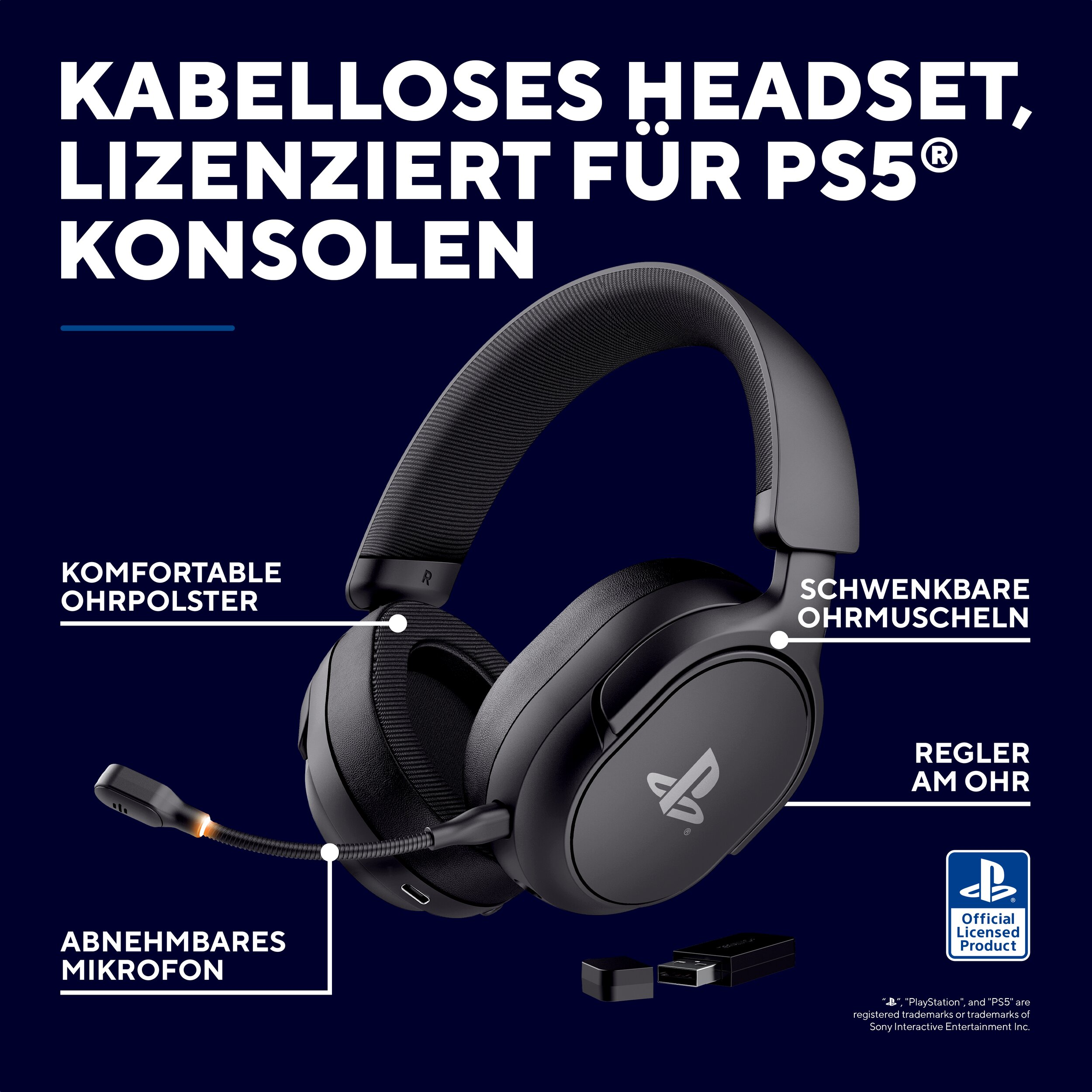 Kabelloses PS5-Headset mit Mikrofon, Ohrpolstern und Reglern.