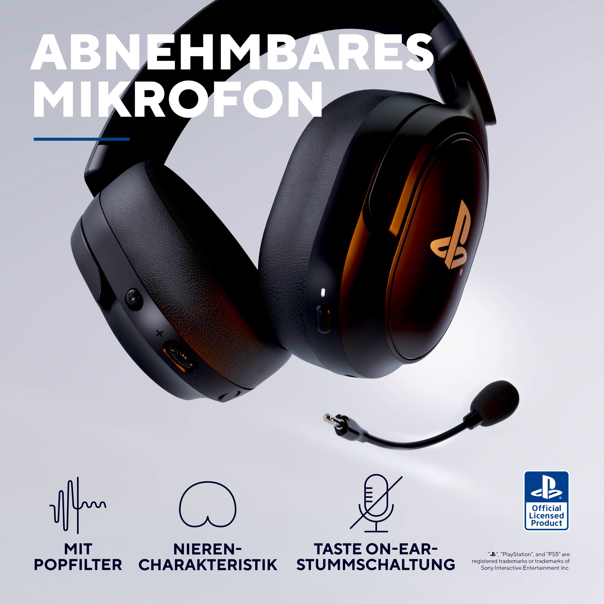 Schwarzer Gaming-Kopfhörer mit abnehmbarem Mikrofon und PlayStation-Logo.