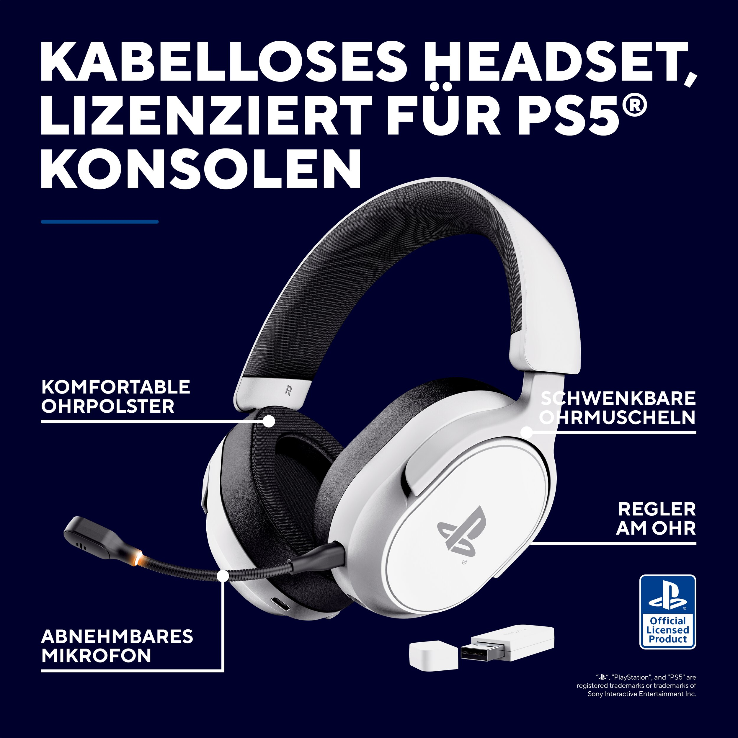 Witte PS5-headset met microfoon, oorkussens, bedieningselementen en USB-dongle.
