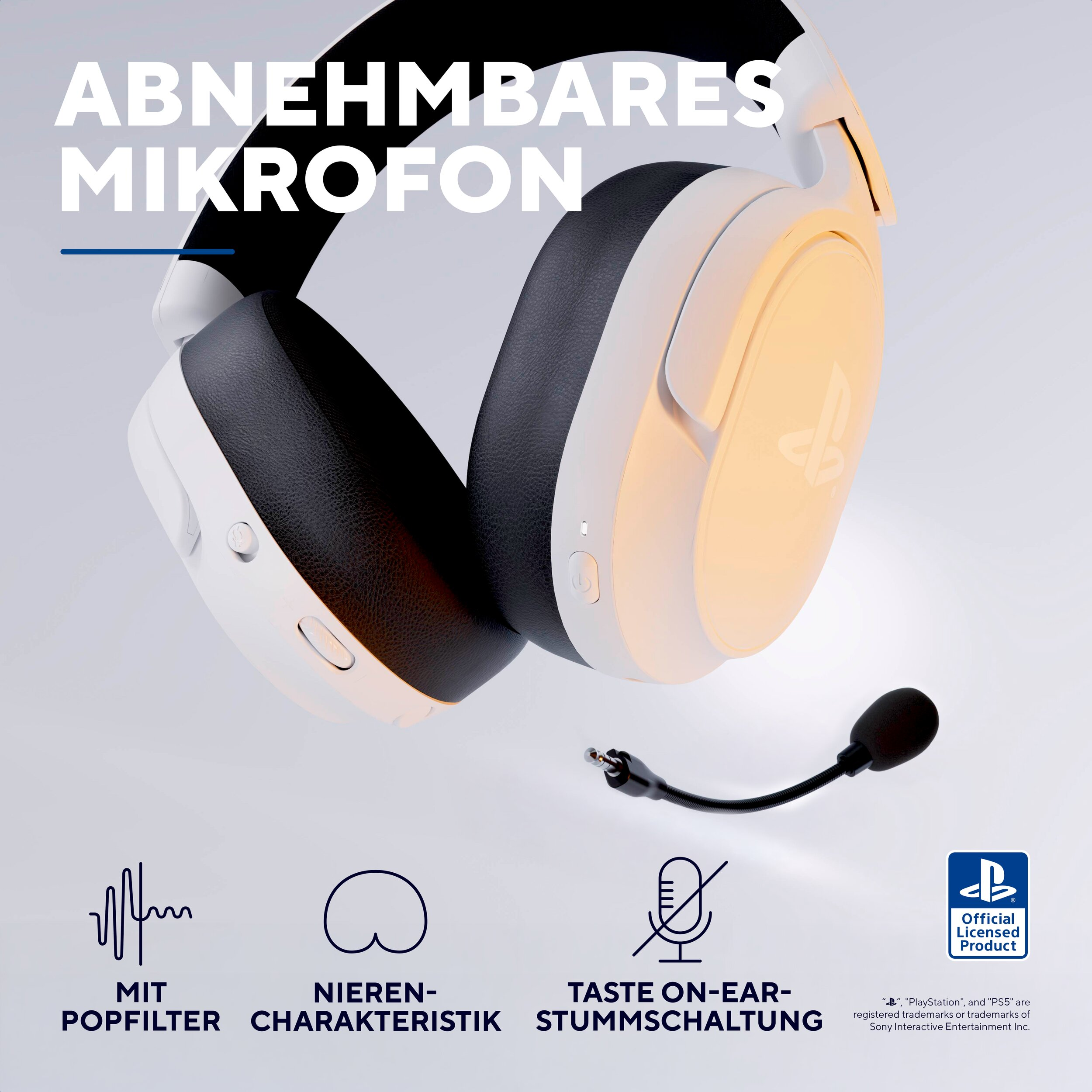 Witte headset met afneembare microfoon, PlayStation-logo en functies.