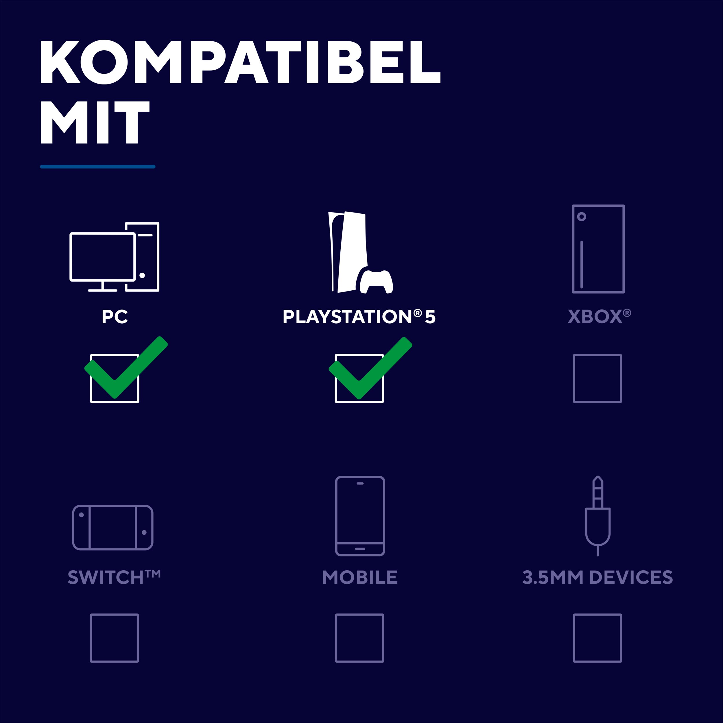 Compatibel met PC en PS5. Xbox, Switch, Mobiel, 3.5mm apparaten niet vermeld.