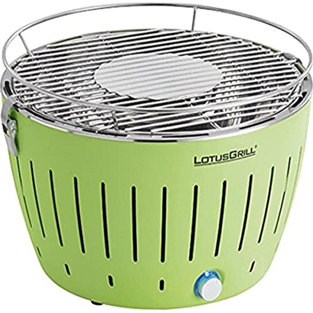 Jasnozielony grill Lotus ze srebrnym rusztem i otworami wentylacyjnymi.