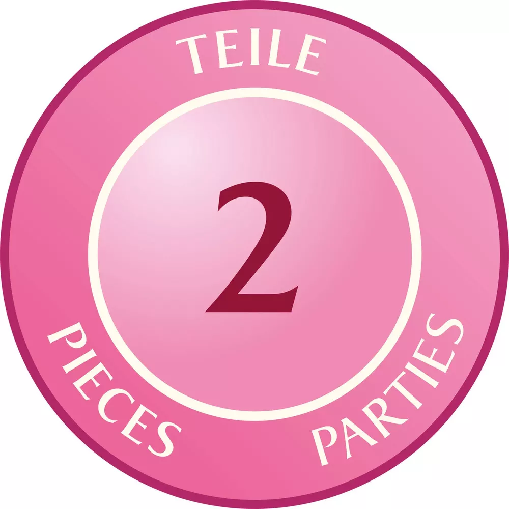 Un cerchio sfumato rosa con il numero 2 al centro, circondato da 'TEILE' e 'PARTIES'.