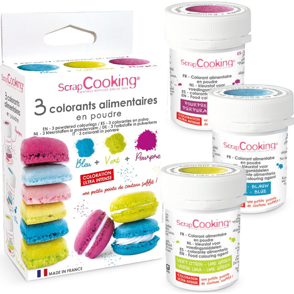 Scrap Cooking Lebensmittelfarben in Pulverform: Lila, Blau, Grün, Gelb und Rosa Makronen.