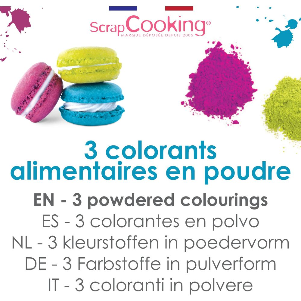 Drei bunte Macarons und drei Pulverfarben mit dem ScrapCooking-Logo.