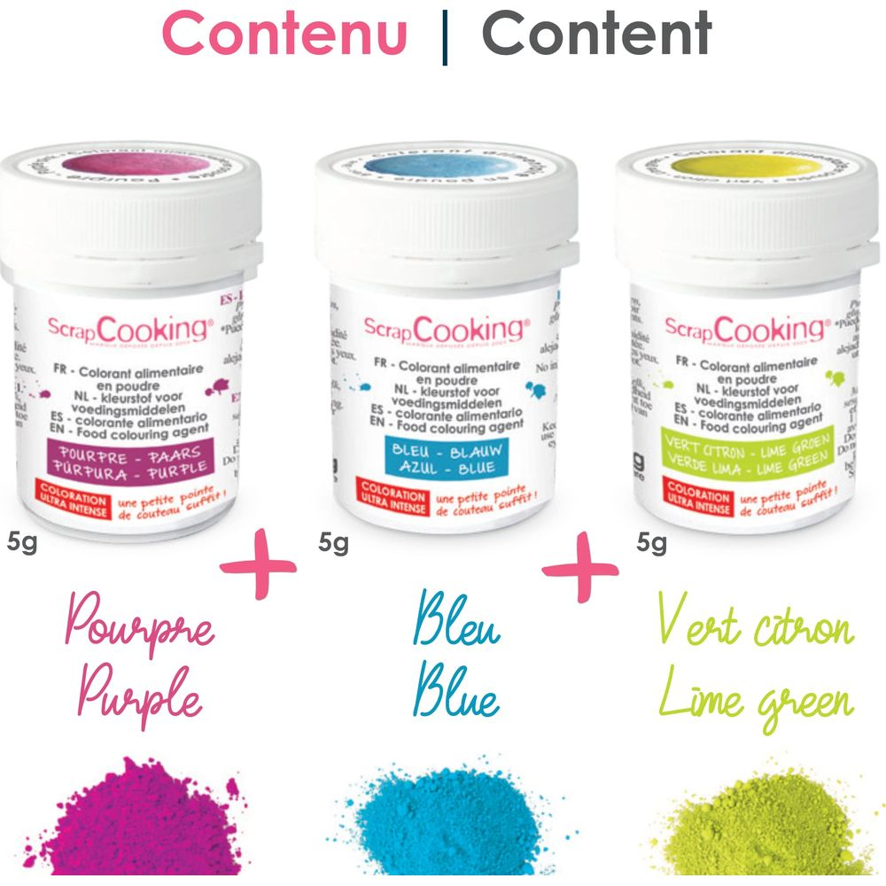 Drei Behälter mit Lebensmittelfarbe: Lila, Blau und Grün. Mit Pulver.