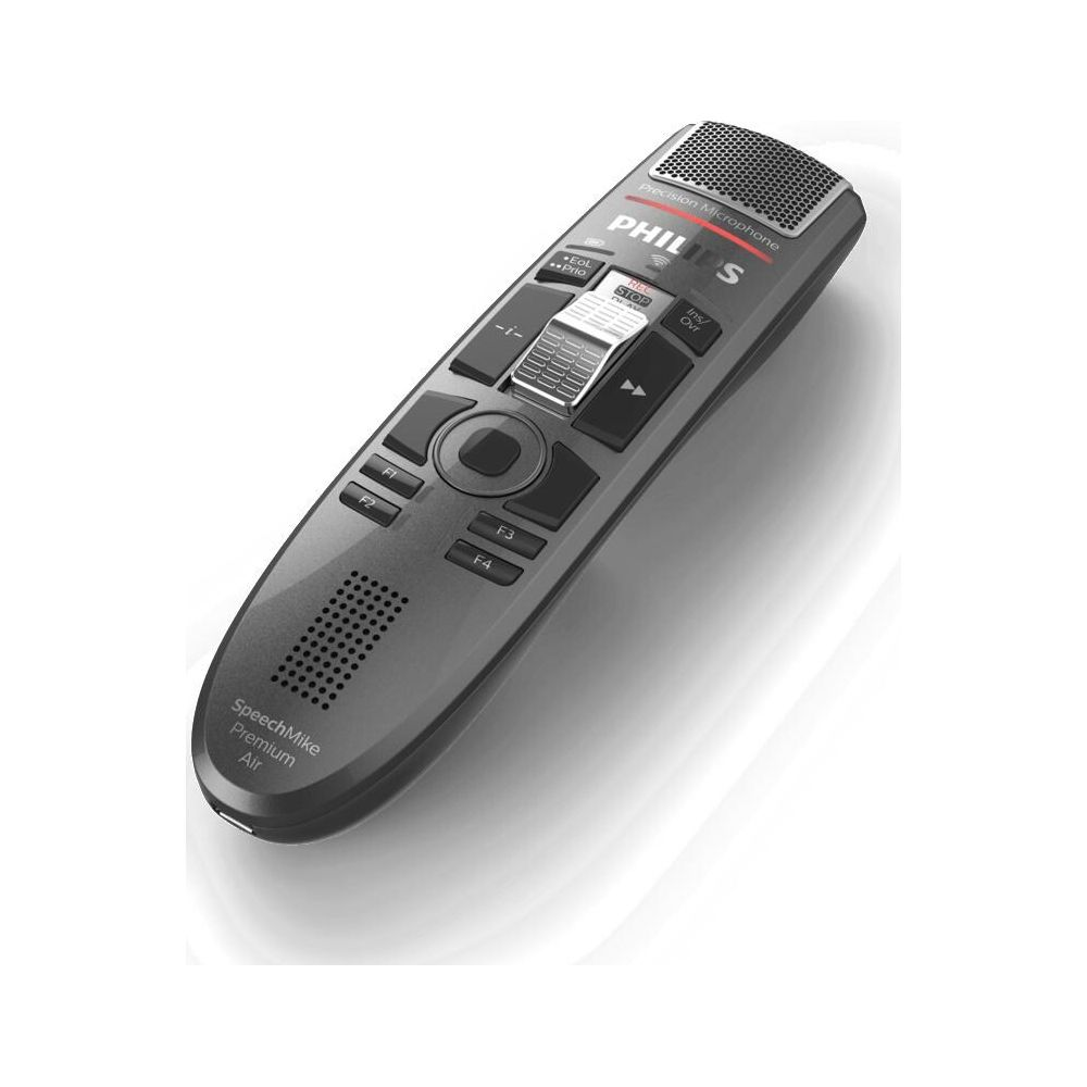 Ein graues Philips SpeechMike Premium Air Diktiergerät mit Tasten und Mikrofon.