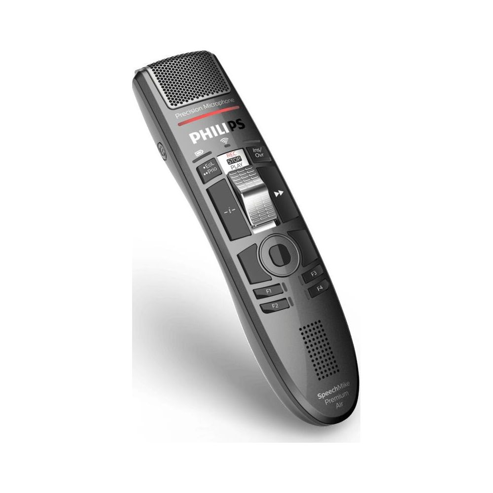 Ein graues Philips SpeechMike Premium Air mit Mikrofon und Bedienelementen.