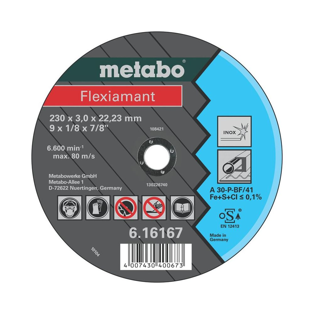 Metabo Flexiamant Trennscheibe, 230mm, mit Produktinfos und Sicherheitssymbolen.