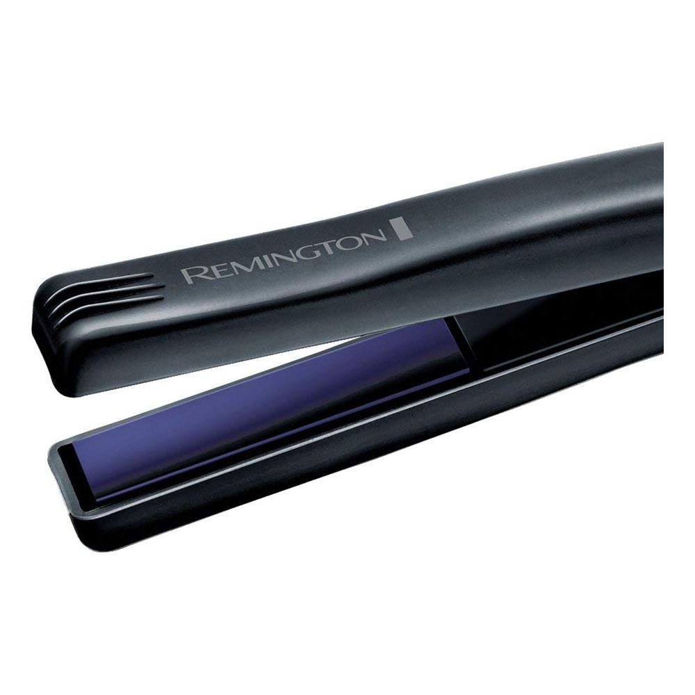 Fer à lisser Remington noir avec plaques en céramique violettes, gros plan.
