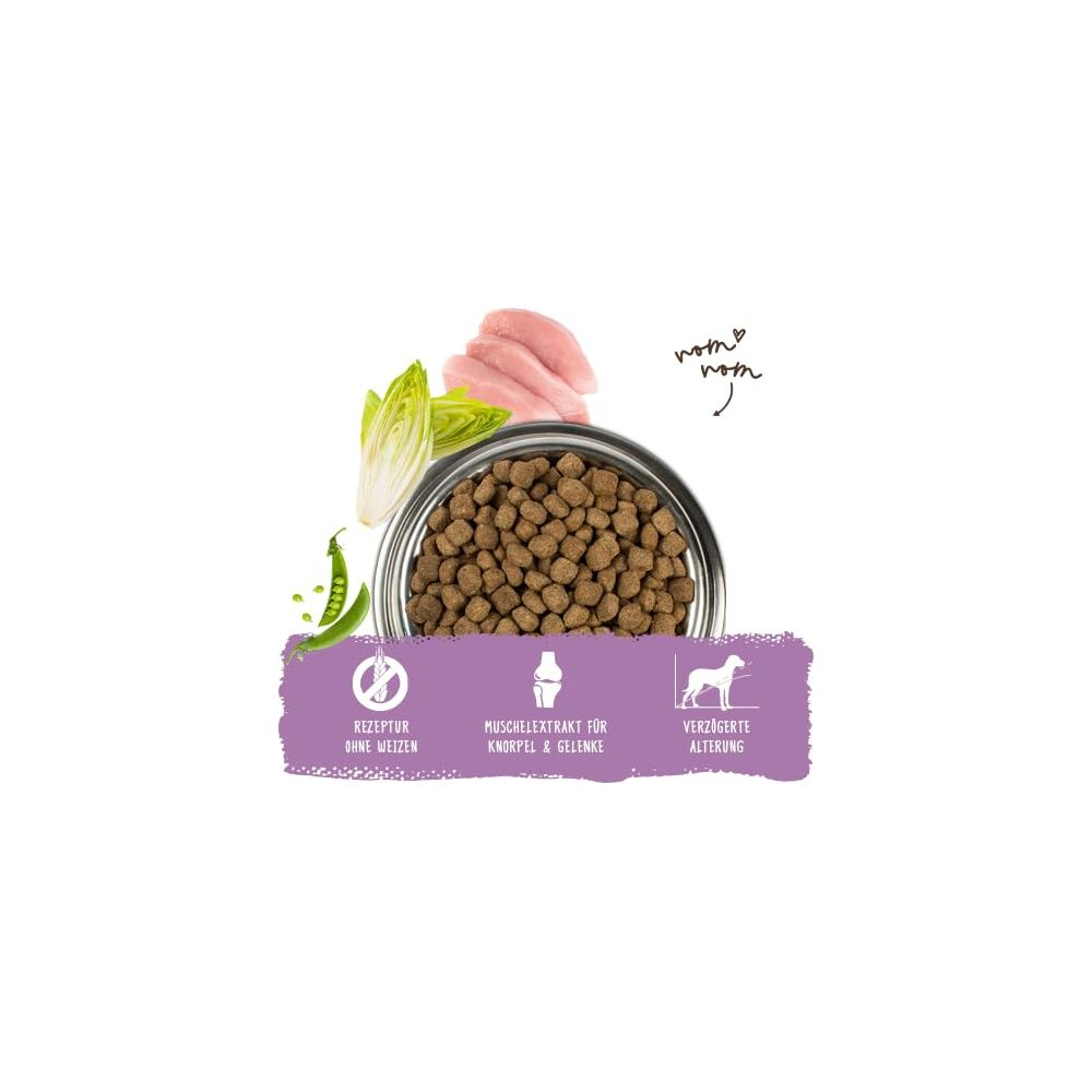 Karma dla psa w misce z kurczakiem, groszkiem i sałatą. Ikony: Bez pszenicy, ekstrakt stawowy, opóźnione starzenie.