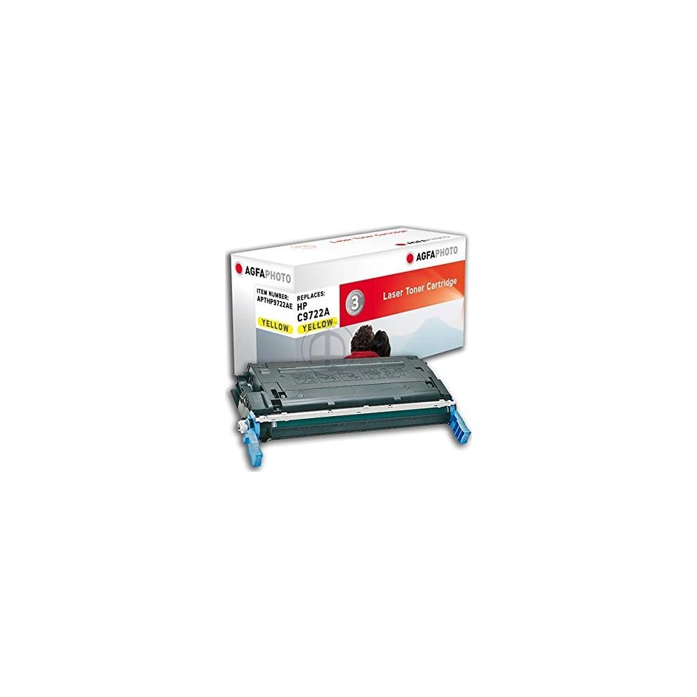 Toner laser jaune AgfaPhoto, remplace HP C9722A, avec poignées bleues.