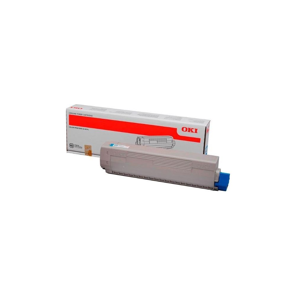 Grijze OKI toner cartridge met blauwe connector voor witte doos.