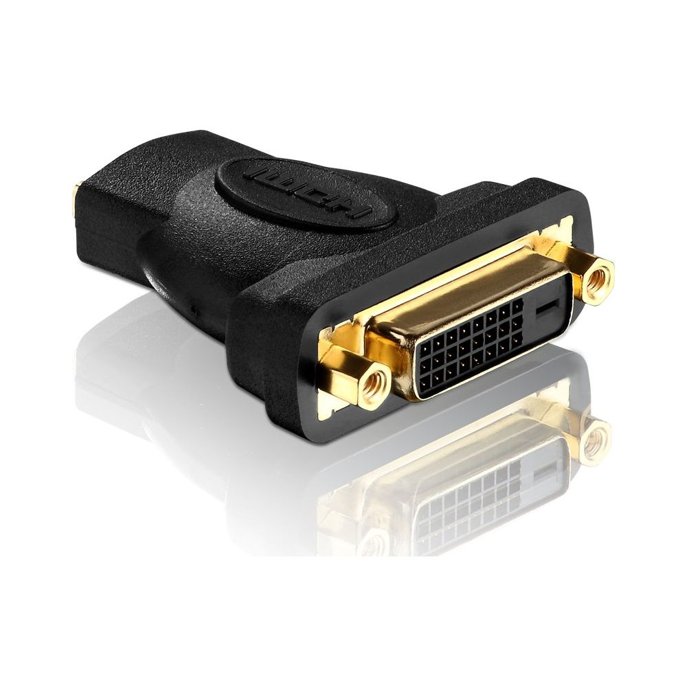 Adattatore HDMI a DVI nero con connettori placcati oro. Vista ravvicinata.