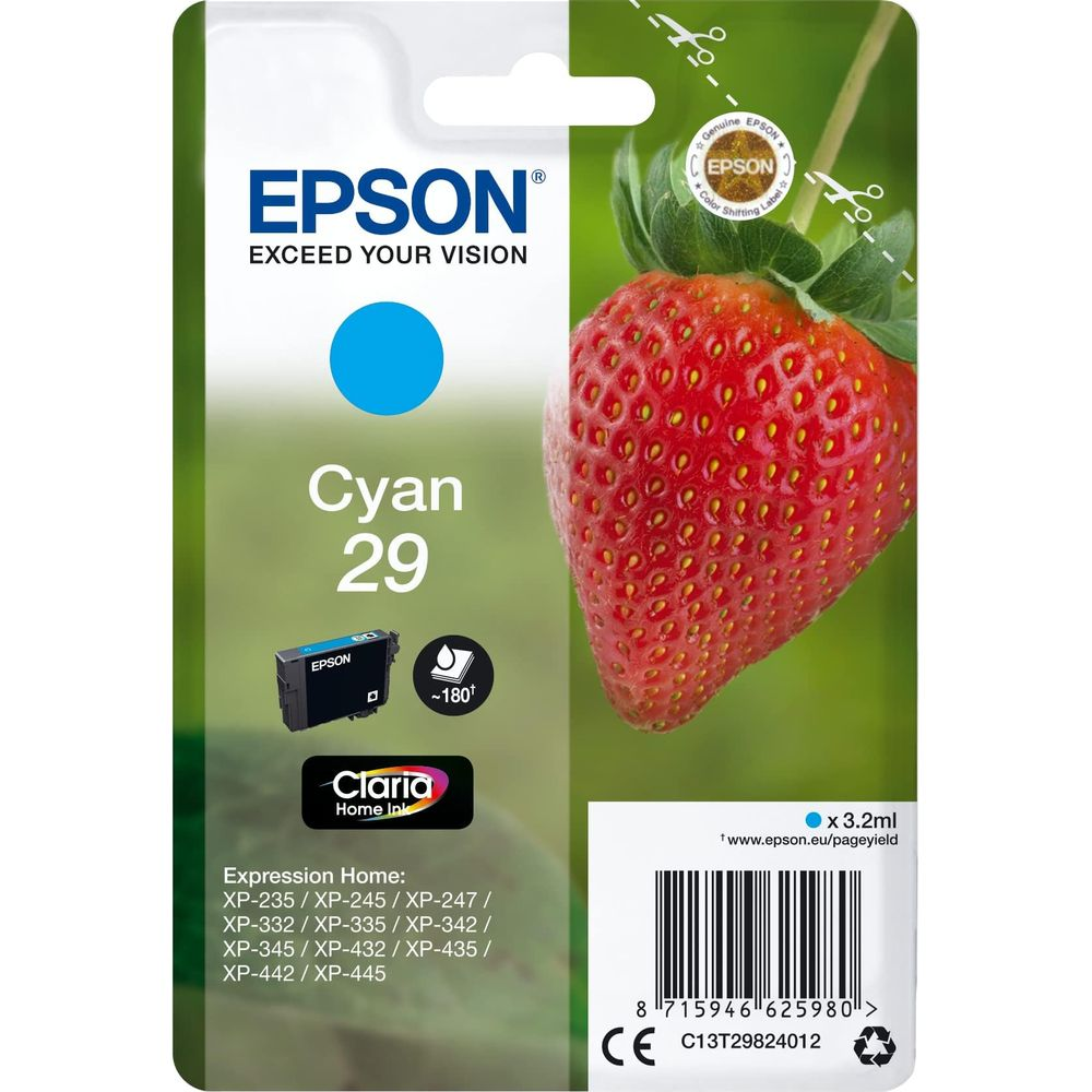 Epson Cyan 29 ink cartridge with a strawberry on the right side.