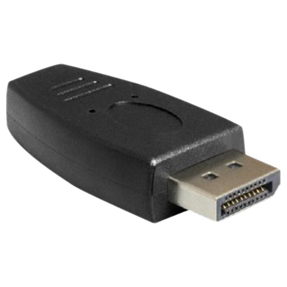 Zwarte DisplayPort-adapter met metalen connector en veel pinnen.