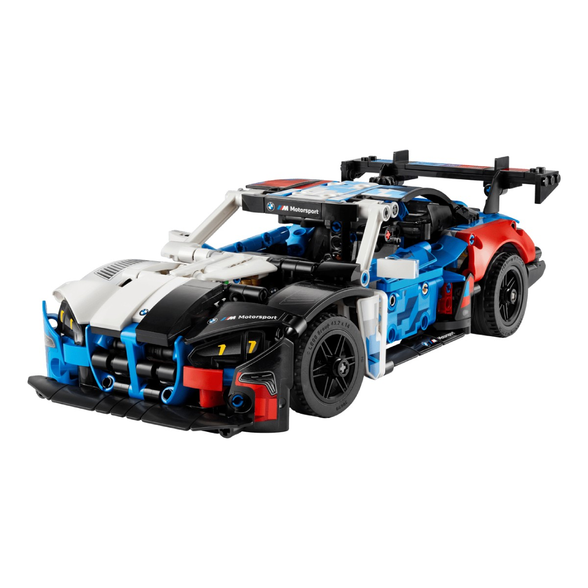 Szczegółowy model Lego samochodu wyścigowego BMW M Motorsport w kolorach niebieskim, białym i czerwonym.