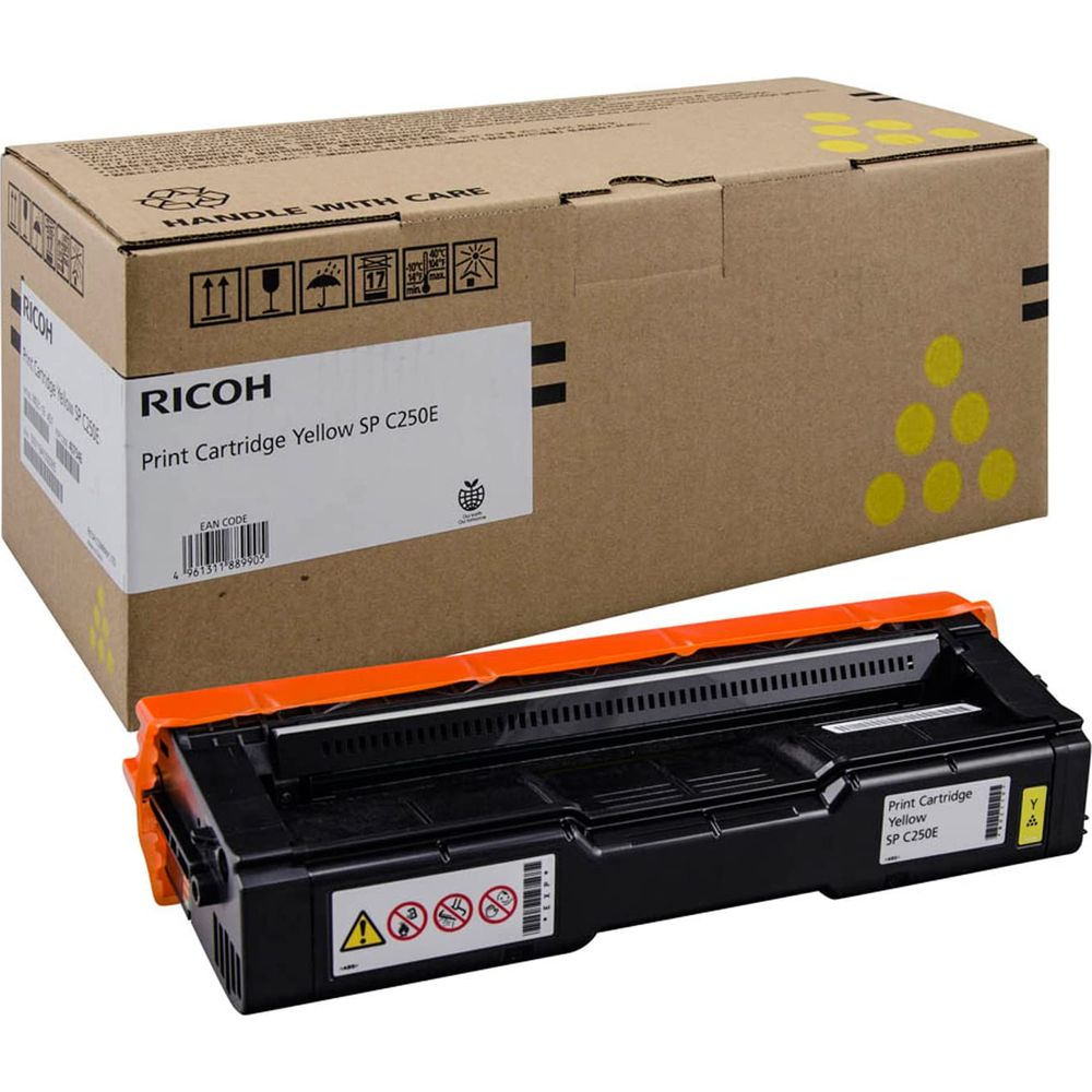 Żółty wkład tonera Ricoh SP C250E i jego pudełko.