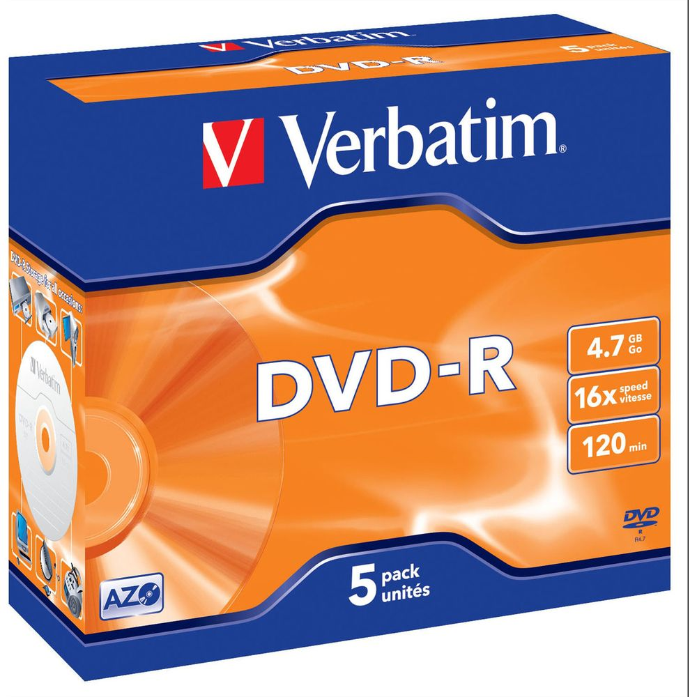 Verbatim DVD-R 5 sztuk, 4.7 GB, prędkość 16x.