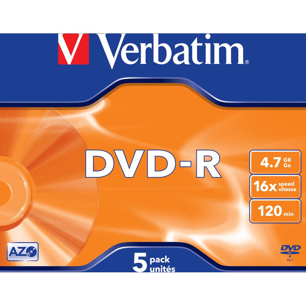 Verbatim DVD-R 5 sztuk: 4.7GB, 16x prędkość, 120 min. Technologia AZO.