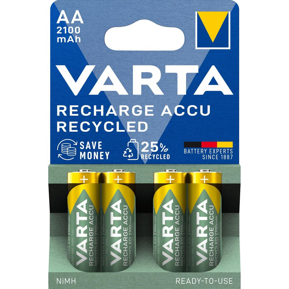 Varta AA 2100mAh oplaadbare batterijen, gerecycled, 4-pack.
